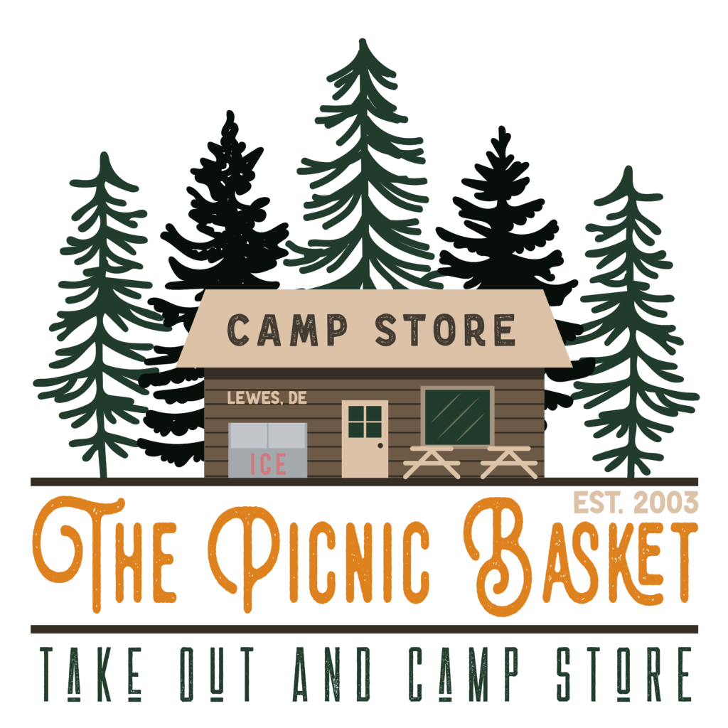Logo design for a camp store depicting a cabin and pine trees